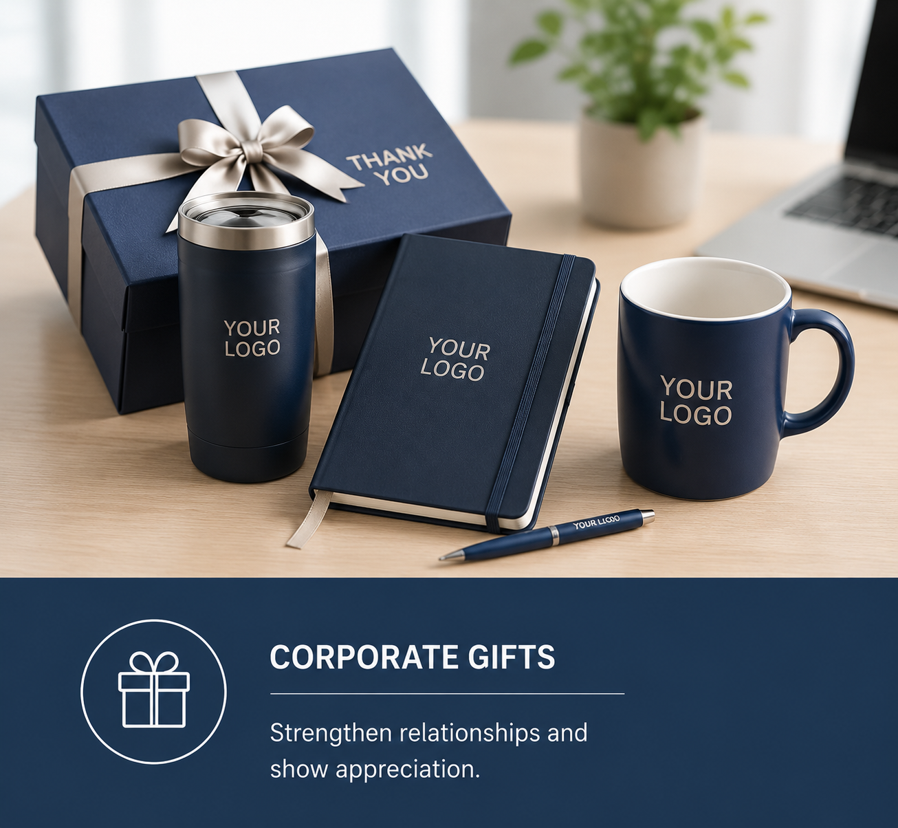 Custom corporate gift set with branded tumbler, notebook, mug and gift box