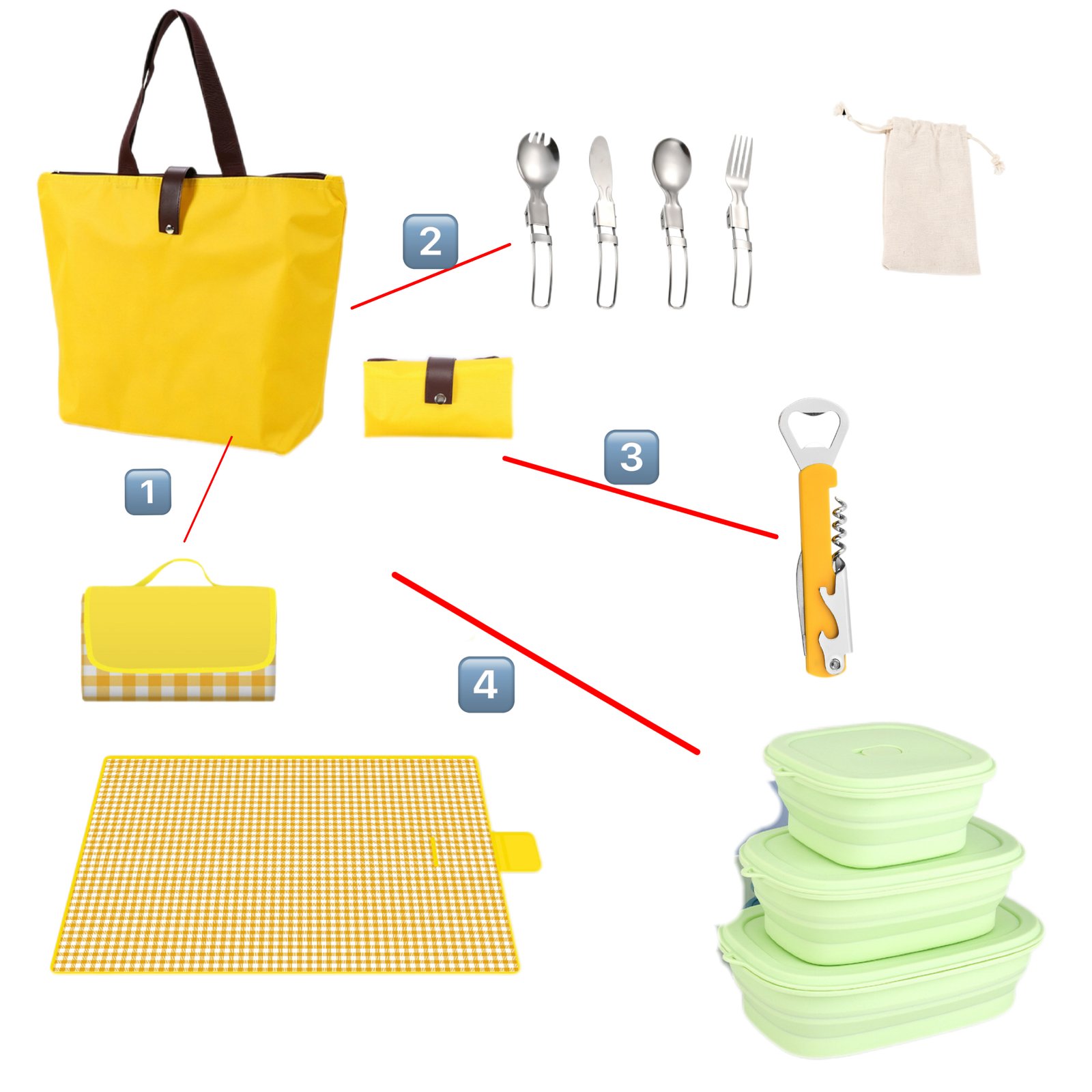 Portable Picnic Gift Set with Foldable Tote Bag, Stainless Steel Camping Cutlery Set, Waterproof Picnic Blanket, Silicone Food Storage Containers & Wine Opener – Outdoor Camping Gift Kit for Beach, Travel & Family Picnic - Image 2