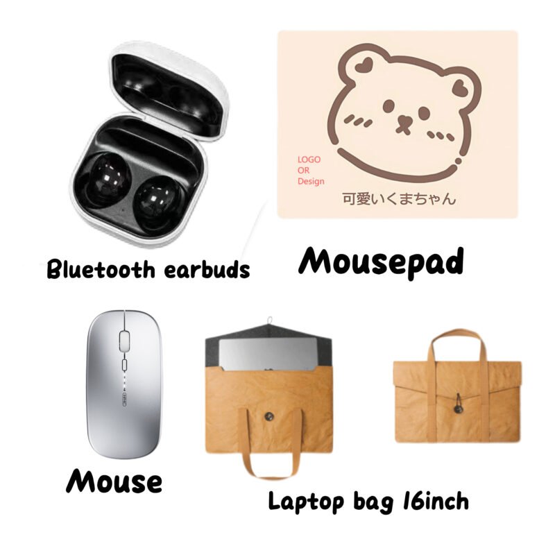 Earbuds, wireless mouse, mousepad, and 16-inch laptop bag Custom Corporate Gift Set with Logo | MOQ 100+ Bulk Business Gifts Supplier