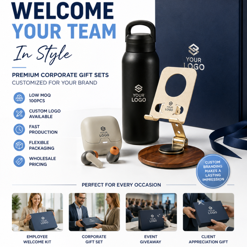 Custom Employee Welcome Kit with Bluetooth Earbuds, Tumbler & Phone Stand