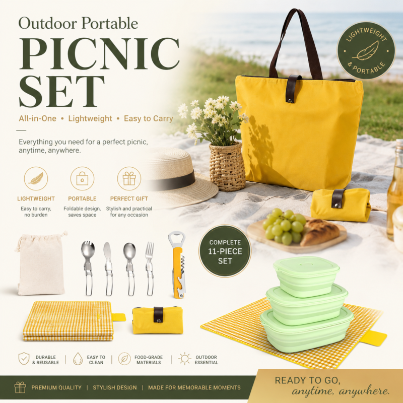 Portable Picnic Gift Set with Foldable Tote Bag, Stainless Steel Camping Cutlery Set, Waterproof Picnic Blanket, Silicone Food Storage Containers & Wine Opener – Outdoor Camping Gift Kit for Beach, Travel & Family Picnic