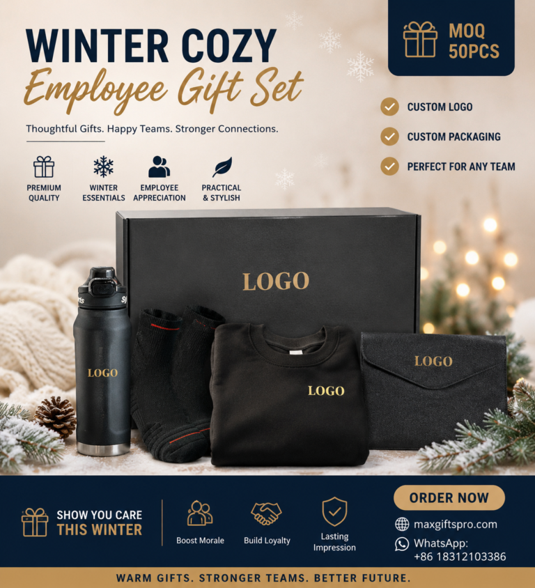 A001 cozy winter corporate gift box with hoodie, socks, insulated tumbler and greeting card