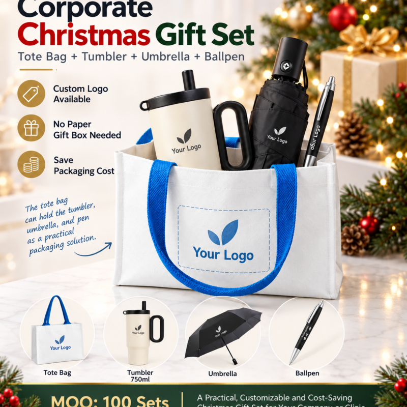 Custom corporate Christmas gift set with tote bag, 750ml tumbler, umbrella and ballpen