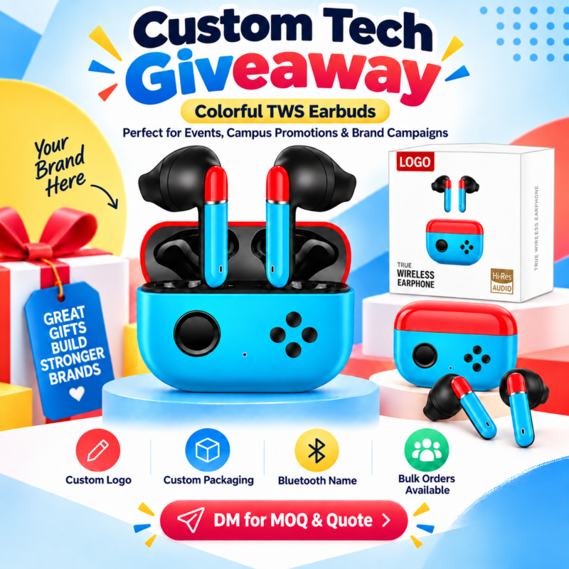 Custom Tech Giveaway promotion featuring colorful TWS earbuds, custom logo, custom packaging and Bluetooth name options