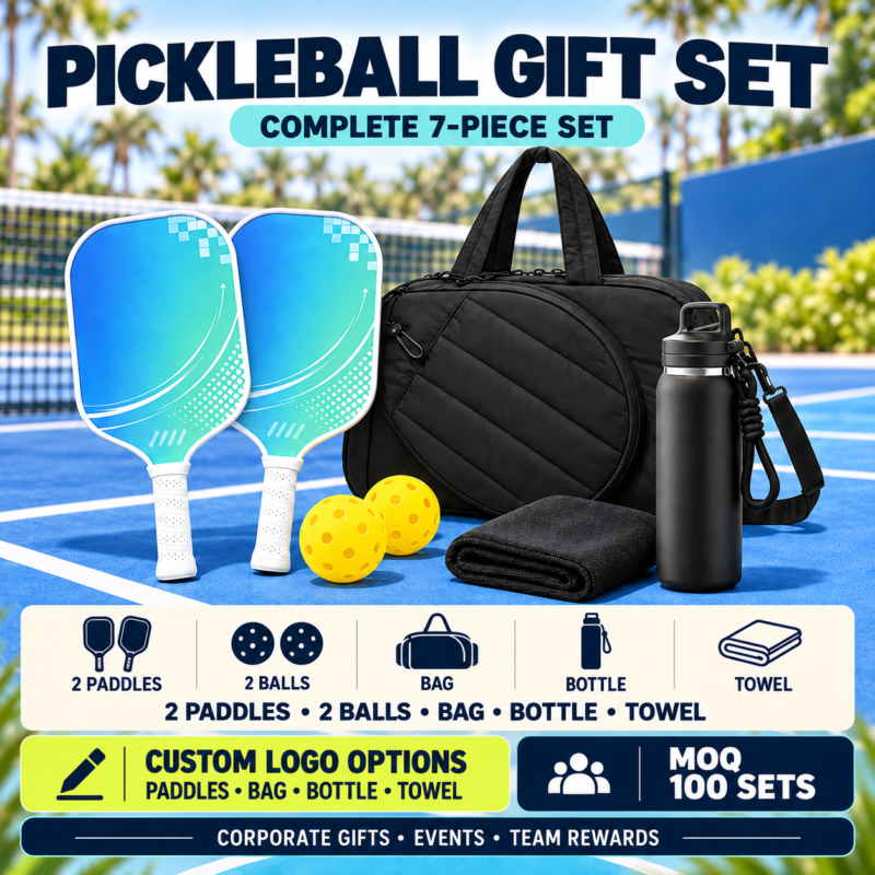 Custom 7-piece pickleball gift set with paddles, balls, carry bag, bottle and towel