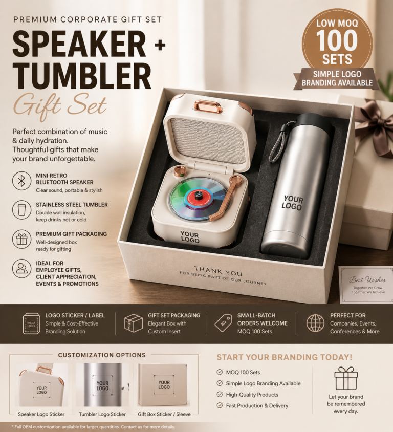 Custom retro Bluetooth speaker and stainless steel tumbler corporate gift set