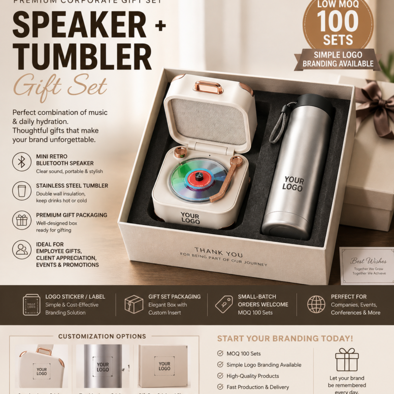 Custom retro Bluetooth speaker and stainless steel tumbler corporate gift set