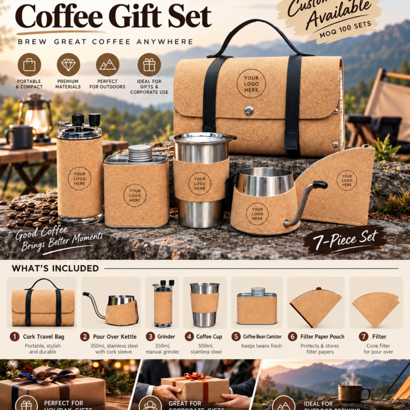 Portable Pour-Over Coffee Gift Set with Custom Logo | 7-Piece Set, MOQ 100