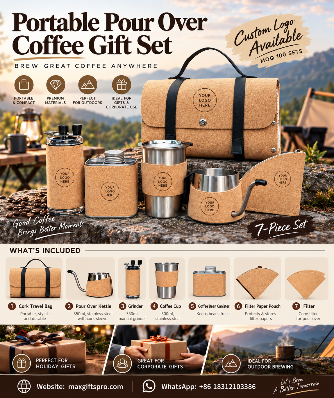 Portable Pour-Over Coffee Gift Set with Custom Logo | 7-Piece Set, MOQ 100